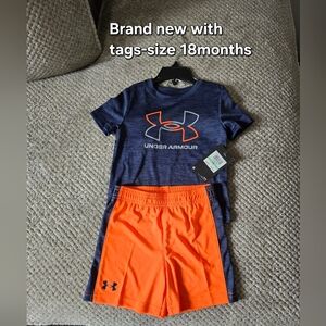 Under Armour Navy Heather Tee & Bright Orange Shorts Set